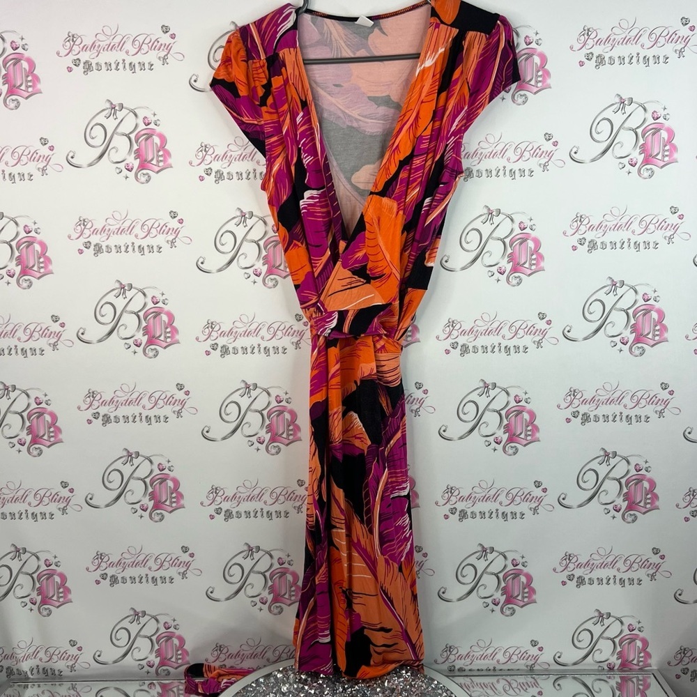 Old Navy dress tie up Pink and Orange Maxi Dress tropical floral flowers leaf